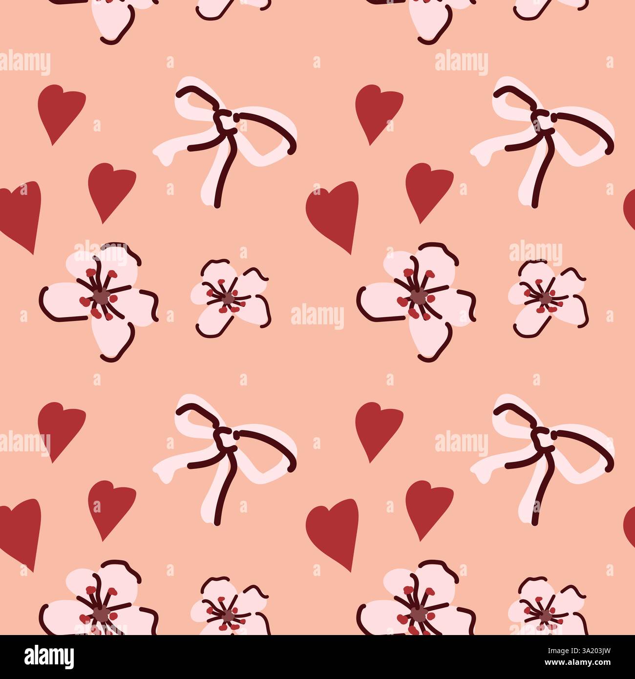 Motivo senza cuciture con fiocchi rosa, fiori di ciliegio e cuori rossi su sfondo pesca. Illustrazione Vettoriale