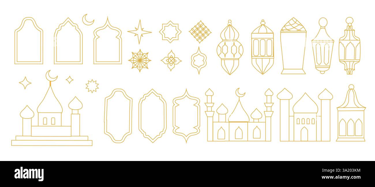 Set vettoriale Ramadan con elementi di design arabi per decorazioni natalizie. Design semplice per la line art. Illustrazione Vettoriale