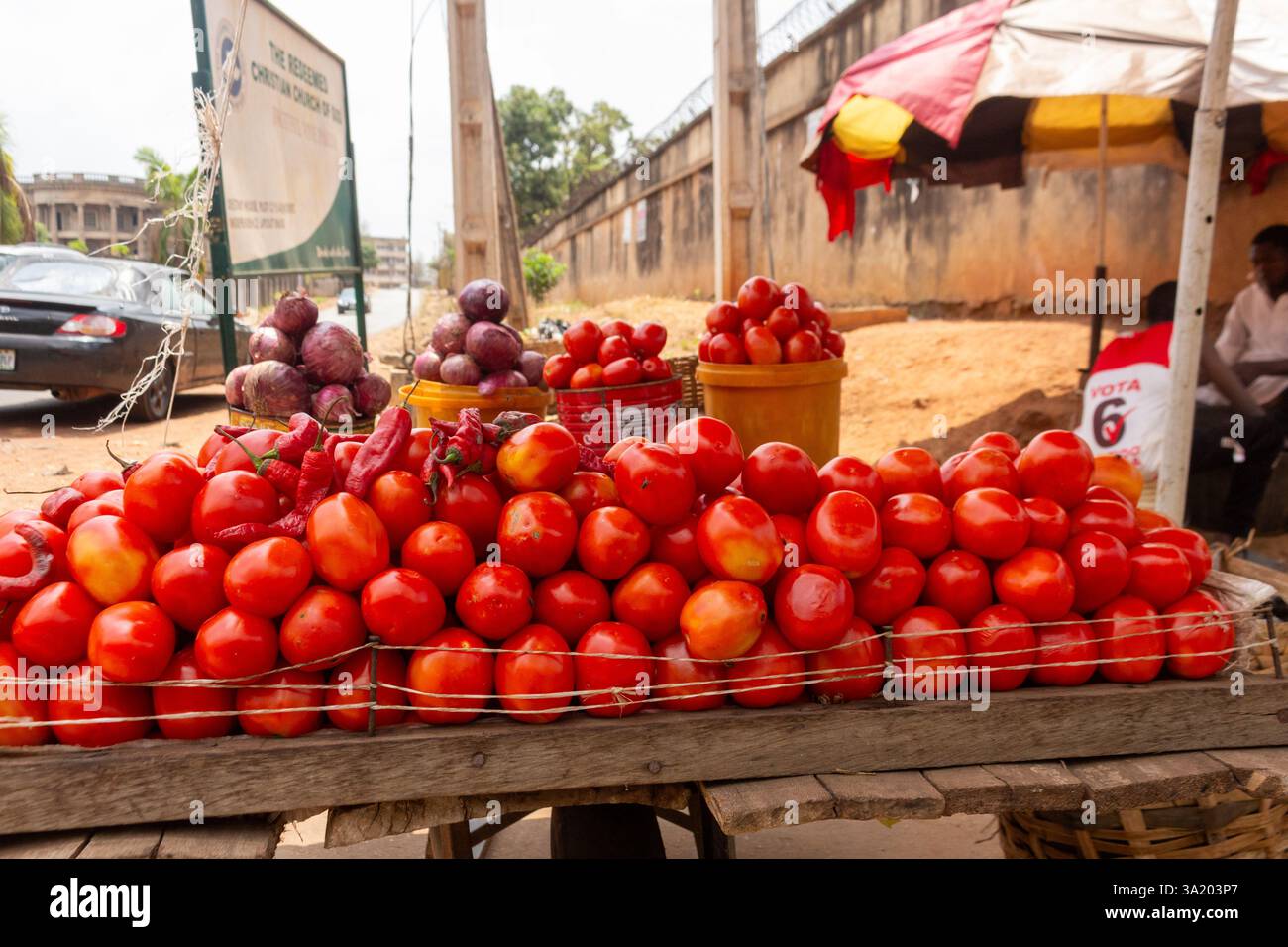 Pomodori rossi freschi e cipolle esposti in vendita in un mercato all'aperto a Enugu, Nigeria, con un venditore seduto sotto un baldacchino Foto Stock Pomodori rossi freschi e cipolle esposti in vendita in un mercato all'aperto a Enugu, Nigeria, con un venditore seduto sotto un baldacchino Foto Stock