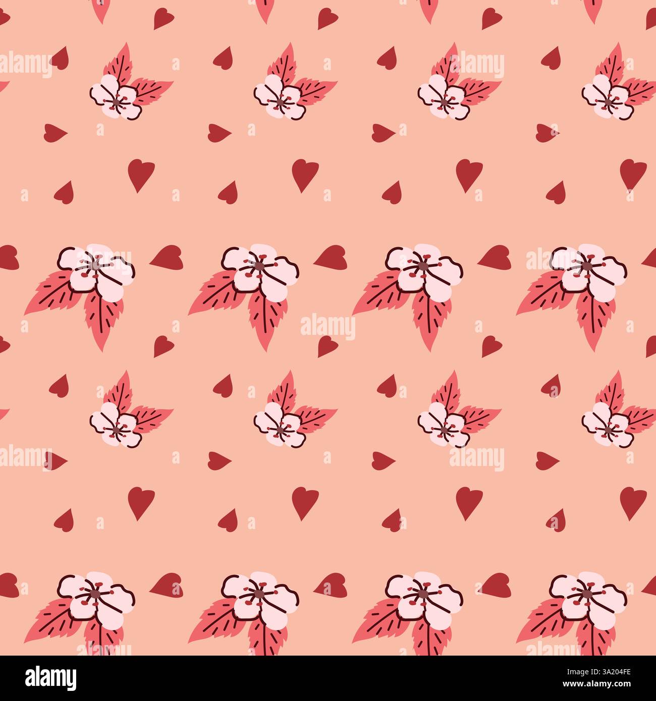 Motivo floreale rosa senza cuciture con cuori su sfondo pesca. Illustrazione Vettoriale