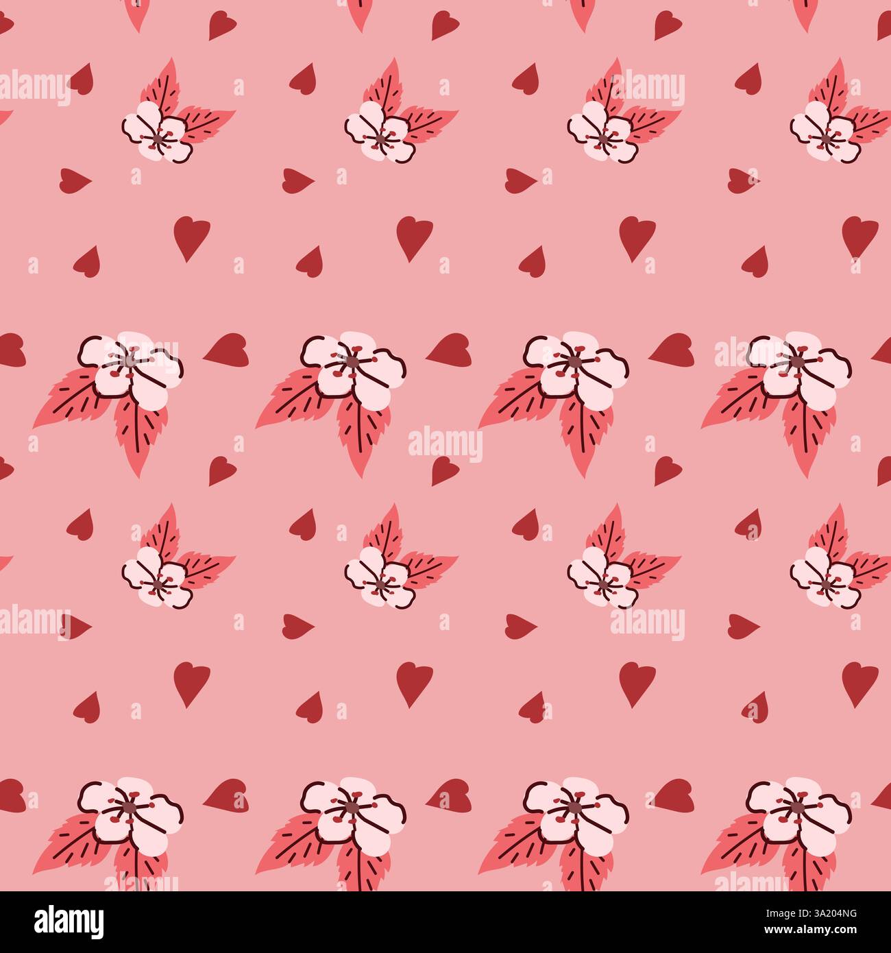 Motivo floreale rosa senza cuciture con cuori e foglie per un design decorativo. Illustrazione Vettoriale