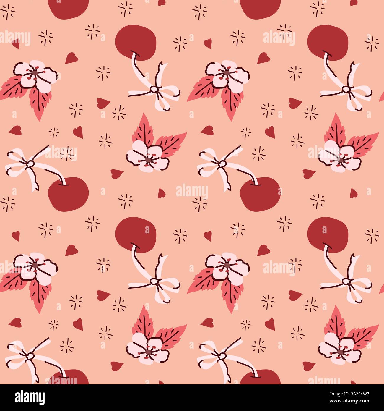 Motivo floreale e ciliegia su sfondo pesca con accenti cardiaci. Illustrazione Vettoriale