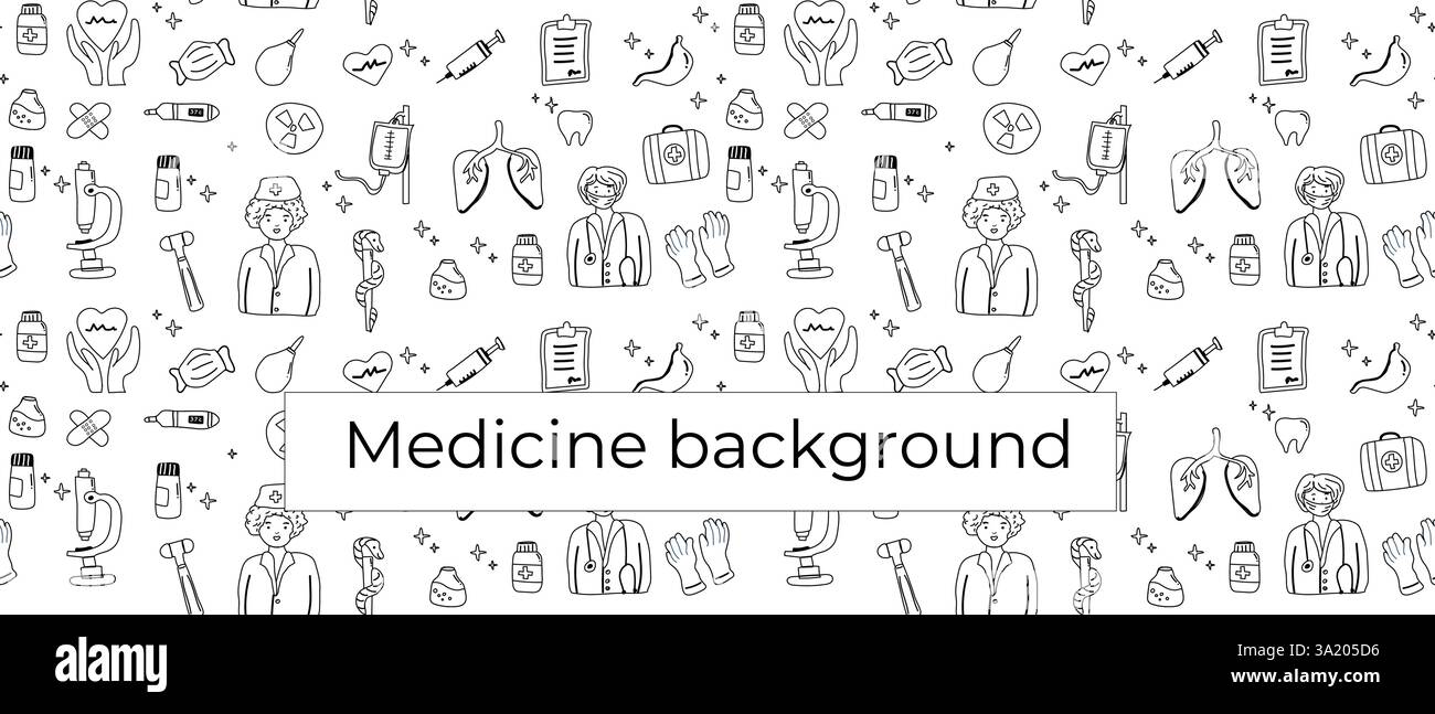 Sfondo medico senza interruzioni con icone sanitarie e illustrazioni di medici maschi. Illustrazione Vettoriale