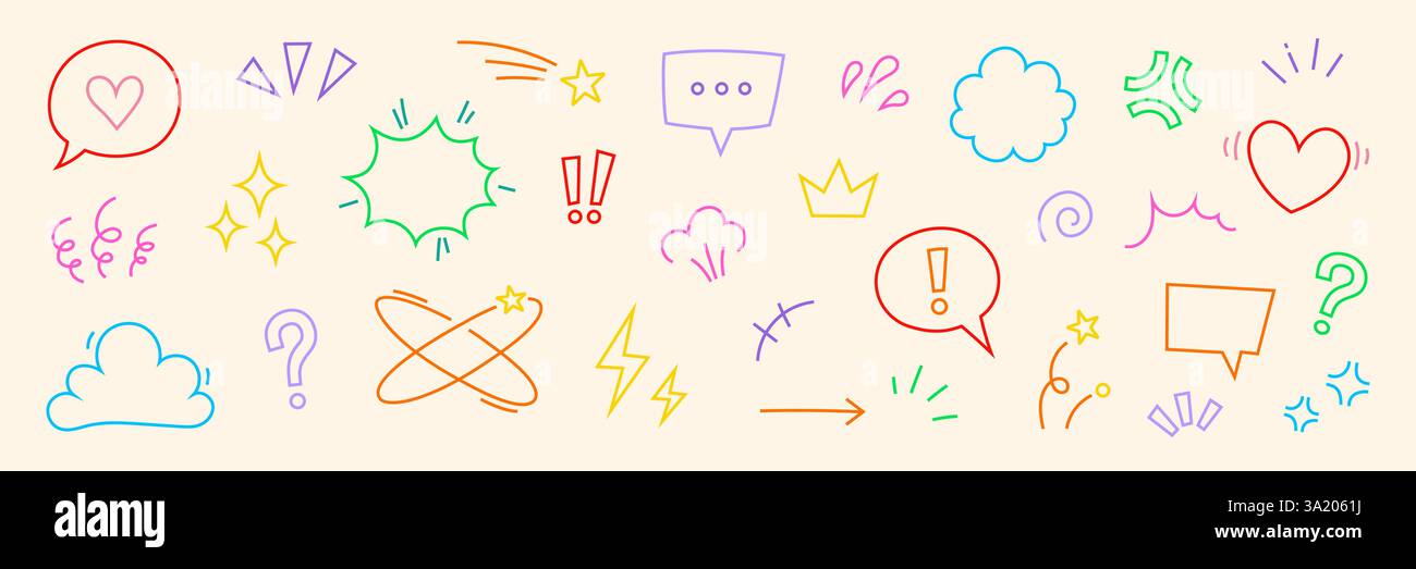 Set di icone di elementi cartoni animati fumettistici. Fumetto simpatico, enfasi, scintilla stellare, icona vettoriale cartoni animati con movimento lineare. Delineare il movimento della velocità di doodle, una scintilla divertente. Illustrazione vettoriale Illustrazione Vettoriale