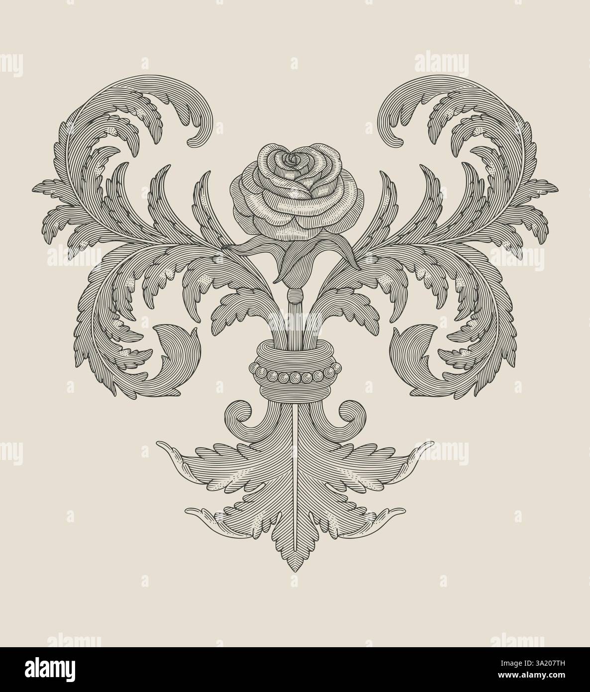 Fiore di rosa con ornamento floreale, illustrazione in stile disegno con incisione Vintage Illustrazione Vettoriale