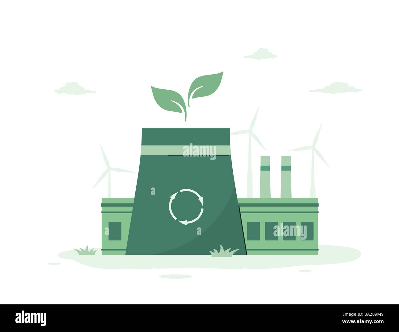CO2 neutra. Fabbrica industriale verde con energia rinnovabile. Concetto di responsabilità ambientale e basse emissioni di carbonio. Zero netto. Illustrazione vettoriale in Illustrazione Vettoriale