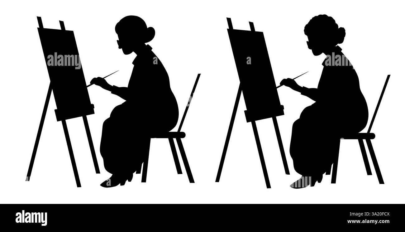 Set di clip artistiche vettoriali con silhouette nera di una vecchia donna che dipinge su cavalletto. Hobby in pensione. Collezione di nonna ombra per articoli Illustrazione Vettoriale