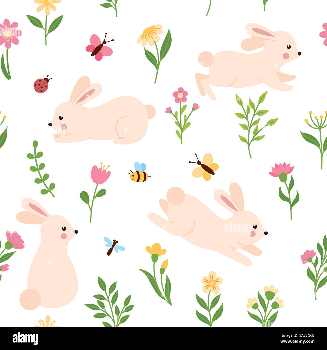 Motivo senza cuciture con simpatici conigli, fiori e farfalle Illustrazione Vettoriale