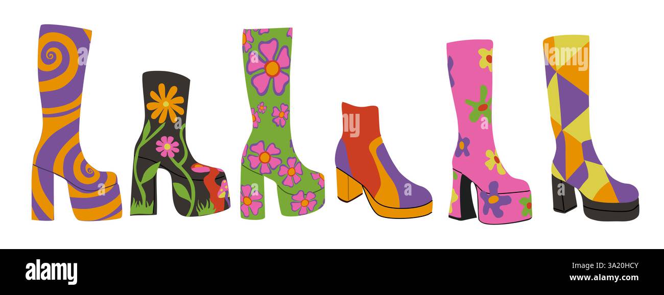 Set vettoriale di stivali con piattaforma retrò anni '70 Illustrazione Vettoriale