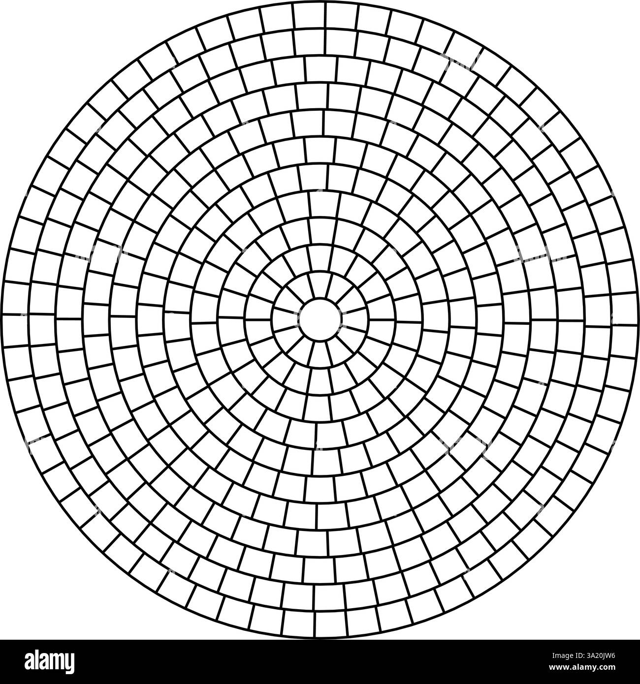 Tessera con motivo circolare pavimentato. Mosaico circolare in mattoni. Pavimentazione in pietra radiale rotonda. Piastrelle di pavimentazione struttura semplice del pavimento. Linea nera. Illustrazione vettoriale Illustrazione Vettoriale