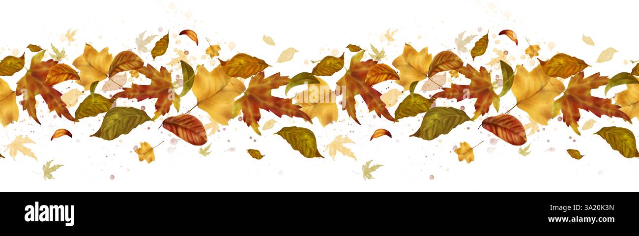 Foglie autunnali fluttuanti. Elegante bordo senza cuciture. Foglie di acero e betulla volanti isolate su sfondo bianco. Illustrazione acquerello in digi Foto Stock