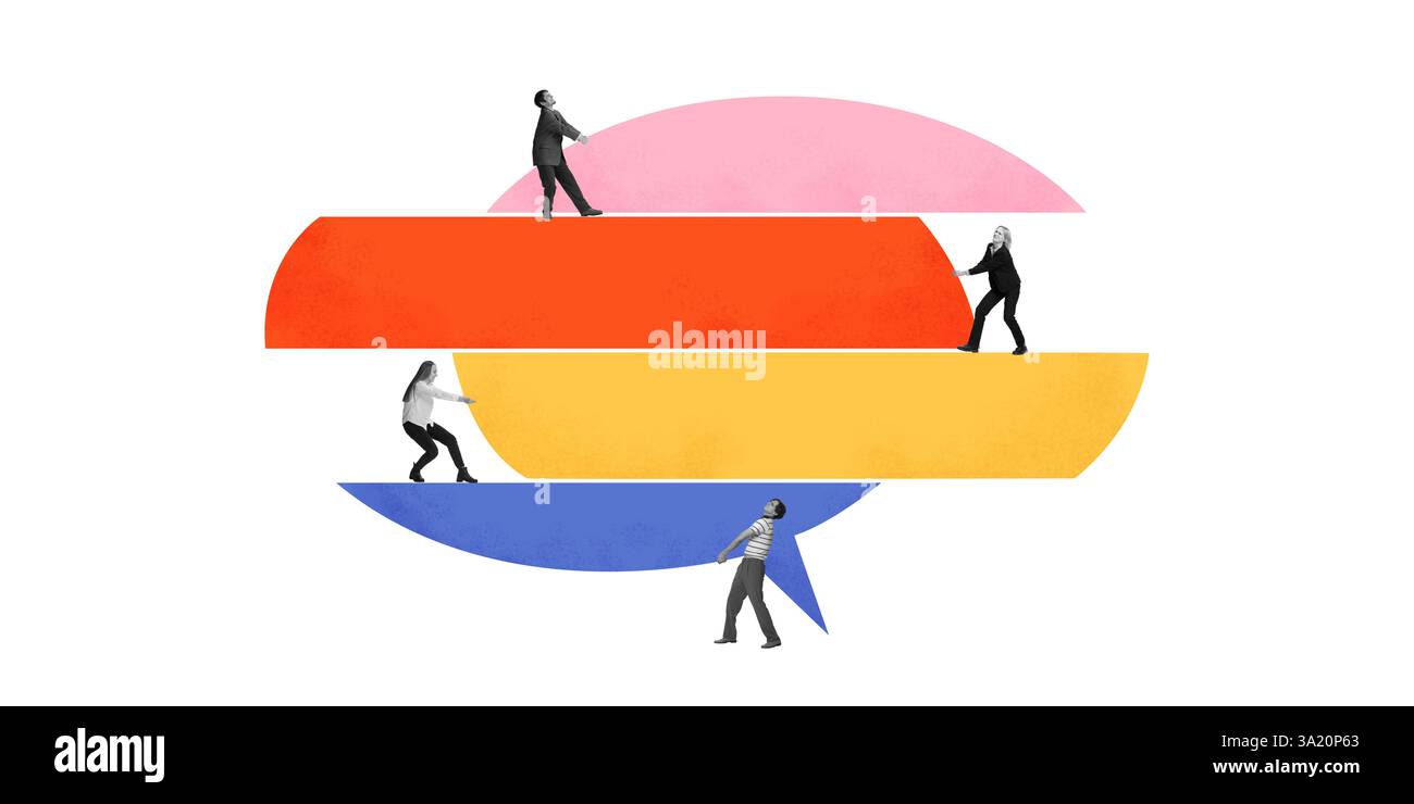 Collage d'arte contemporanea. Professionisti aziendali che interagiscono con barre vocali fluttuanti, simboleggiando la comunicazione strutturata, la cooperazione e la leadership Foto Stock