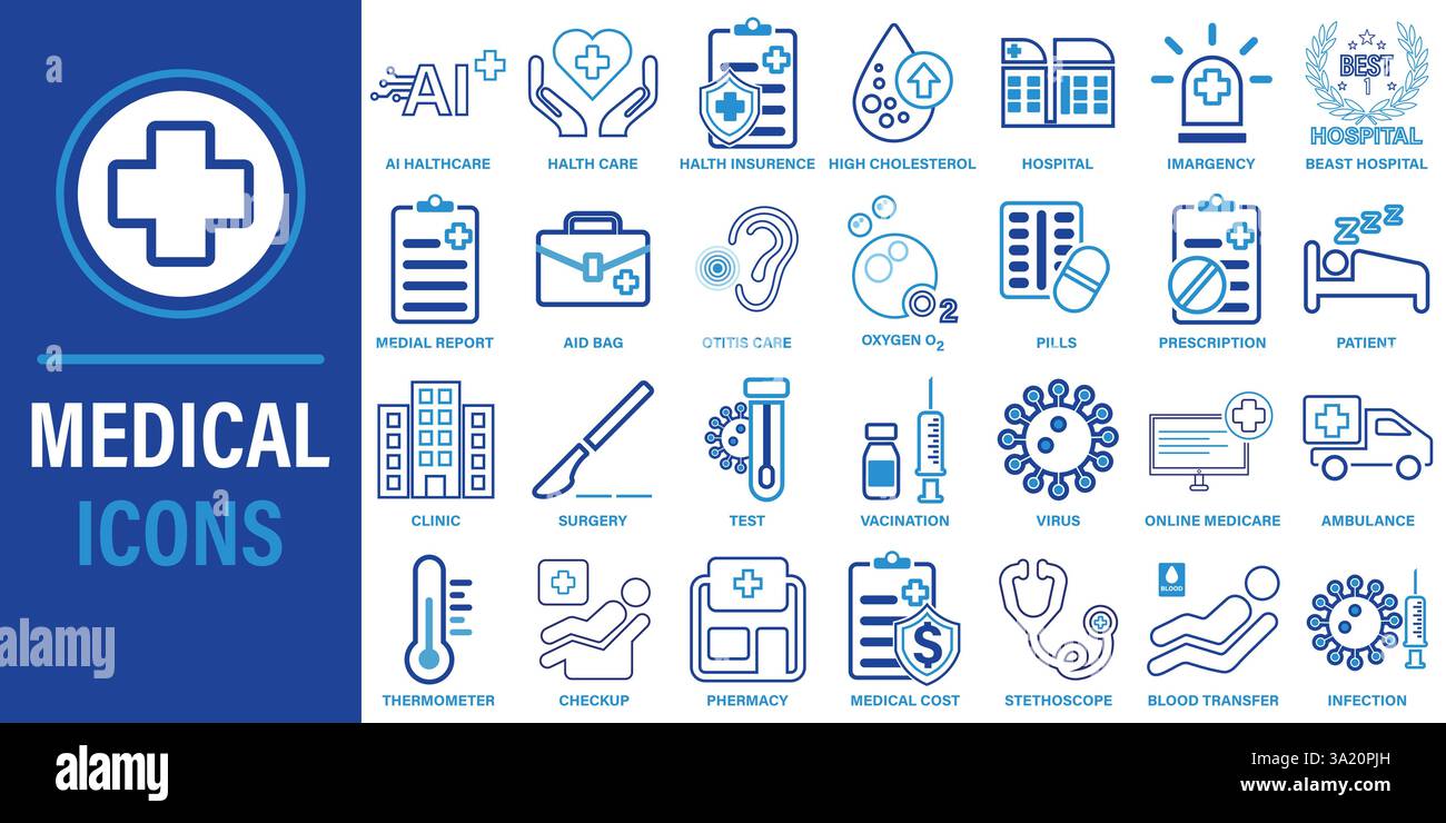 Icone mediche set vettoriale, stile contorno icone mediche impostate su sfondo bianco. Illustrazione Vettoriale
