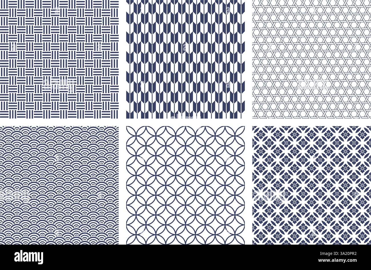Set di motivi vintage giapponesi senza cuciture Vector ripetibile orizzontalmente e verticalmente. Illustrazione Vettoriale