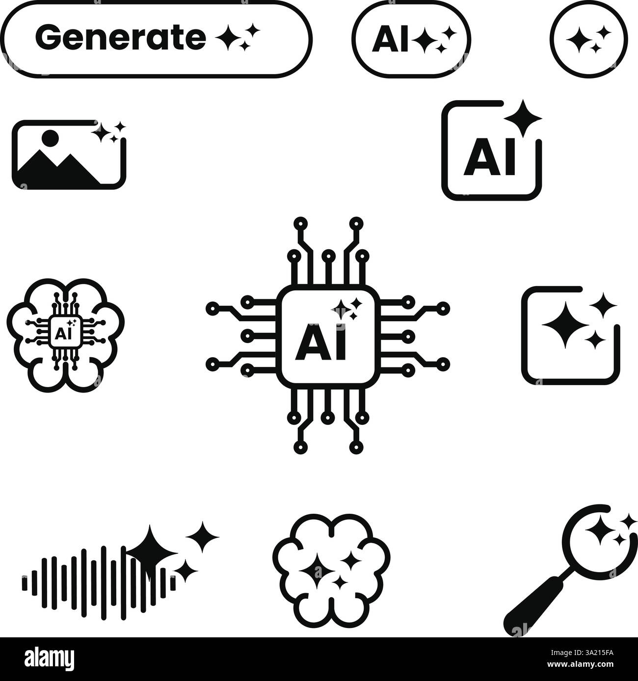 Icone di intelligenza artificiale ai, cervello, chip tecnologico Illustrazione Vettoriale