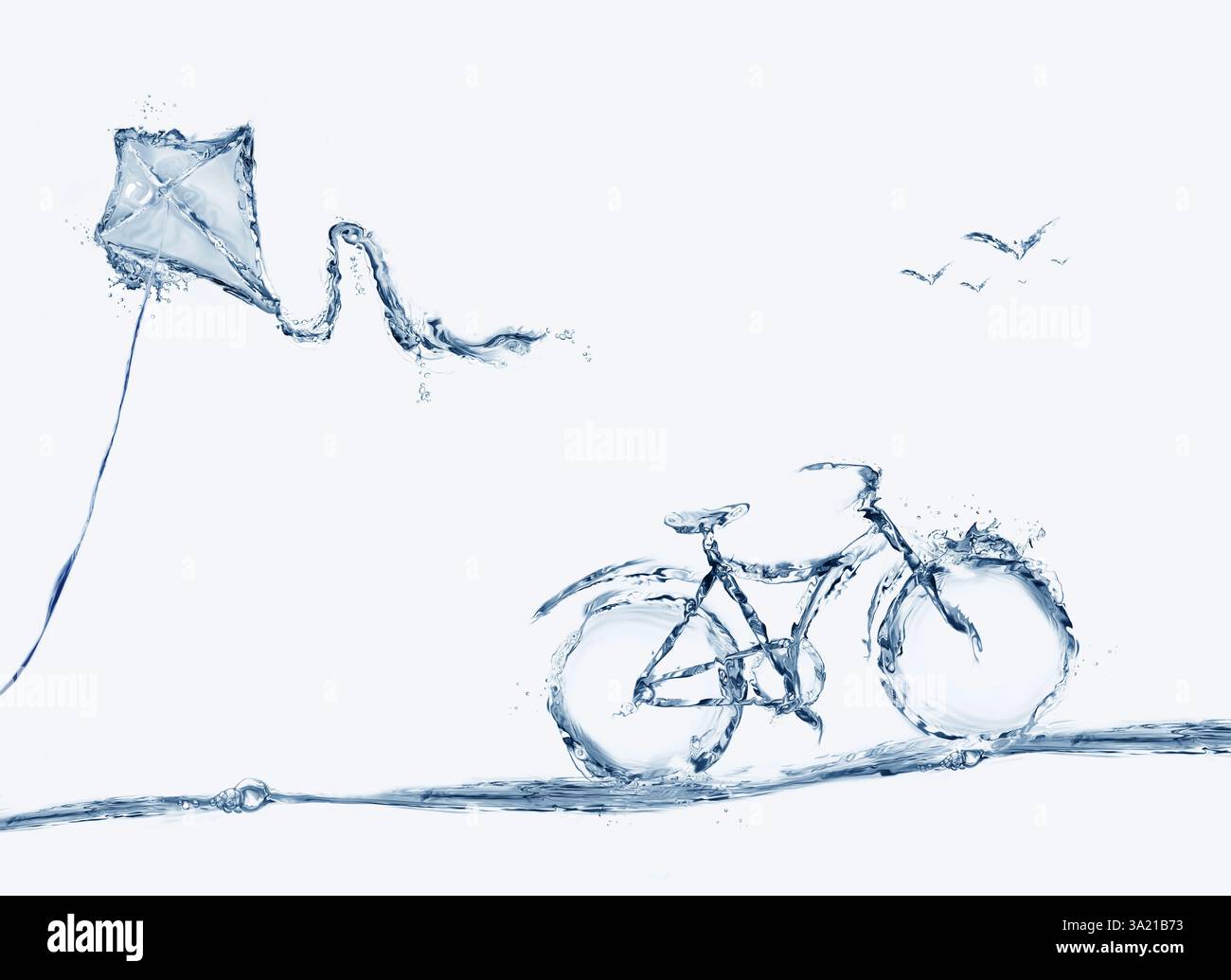 Un aquilone fatto di acqua blu che vola con una bicicletta ad acqua e uccelli acquatici in lontananza. Foto Stock