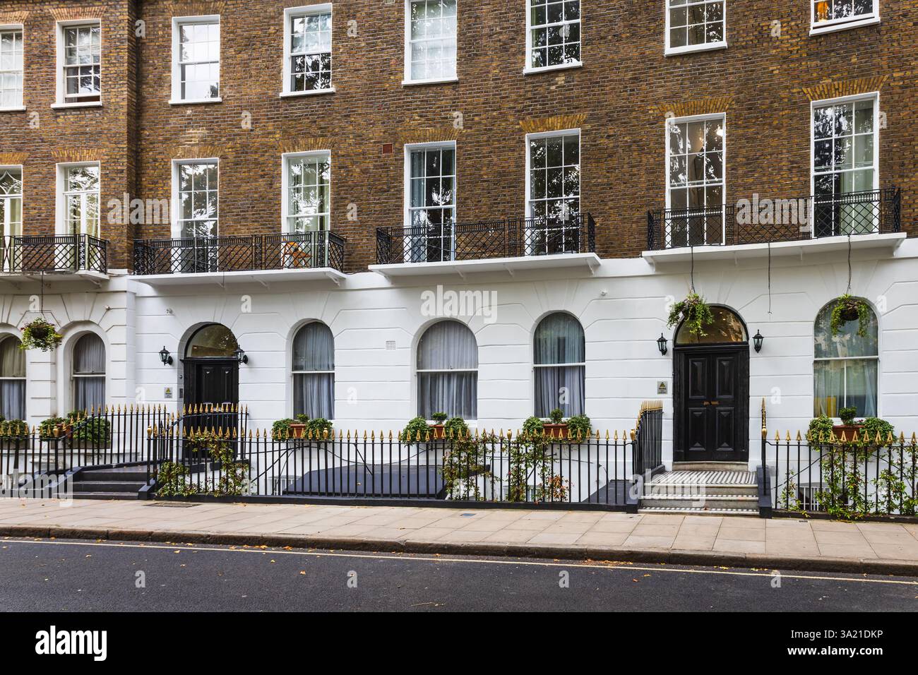 Eleganti case a schiera in stile georgiano con facciate bianche e ringhiere nere a Londra Foto Stock