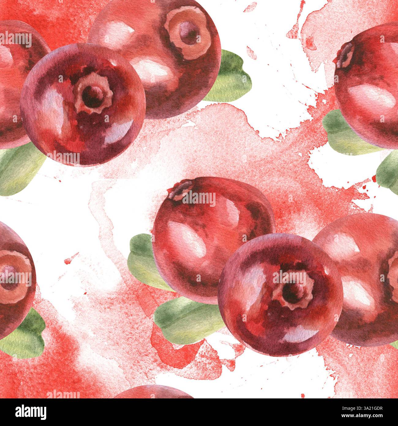 Acquerello dei mirtilli rossi motivo senza cuciture con bacche rosse, foglie verdi su acquerello. Sfondo botanico della foresta disegnato a mano per W Foto Stock
