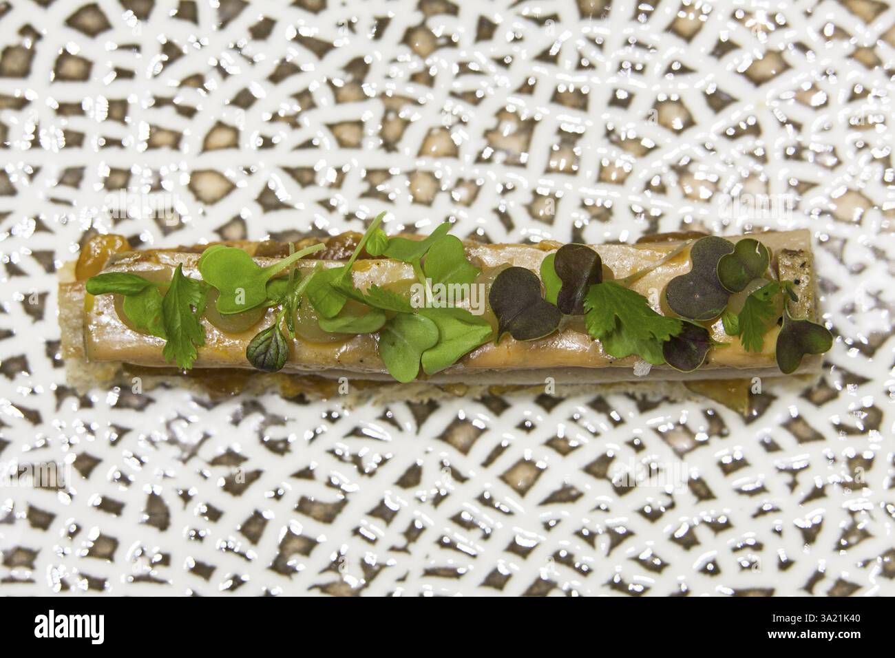 Antipasto di foie su un toast con cipolla caramellata e filetto di sardina Foto Stock