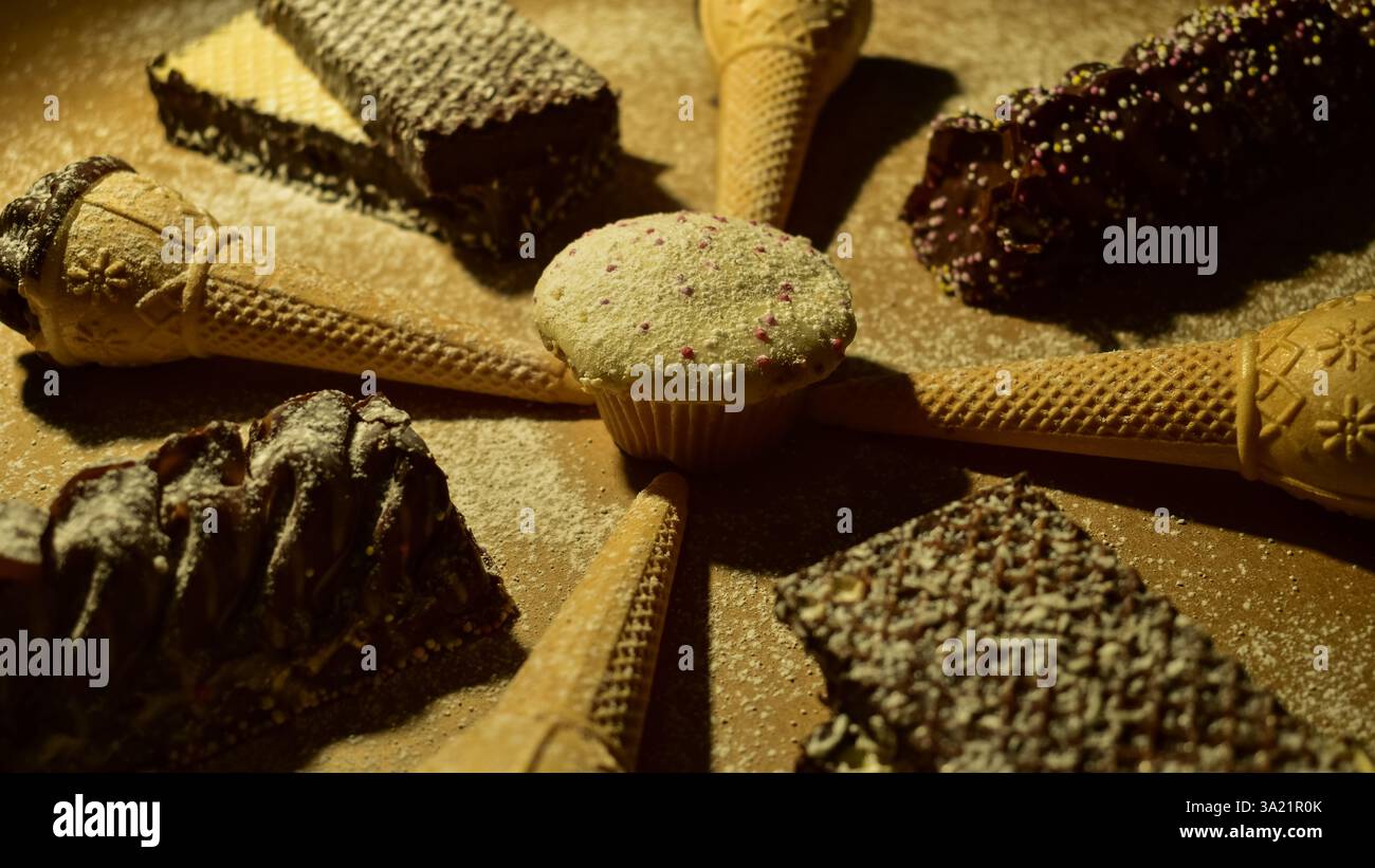 Primo piano di vari snack e prelibatezze di cioccolato Foto Stock