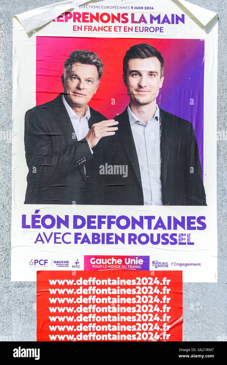 9 giugno 2024 manifesto elettorale del Parlamento europeo per il candidato francese Léon Deffontaines e il partito comunista francese. Foto Stock