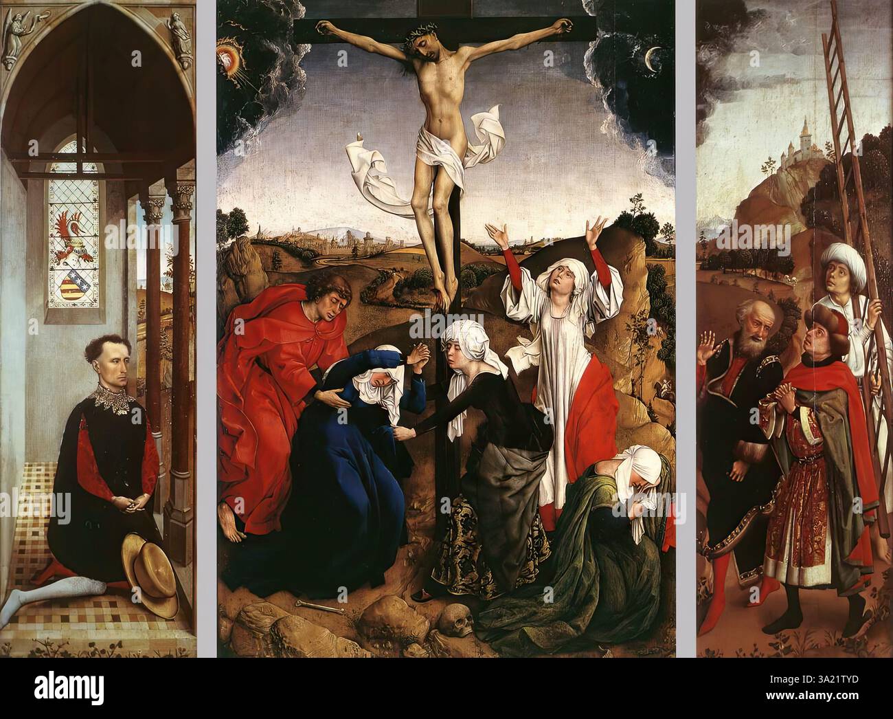 WEYDEN, Rogier van der (B. 1400, Tournai, d. 1464, Bruxelles) Abegg Trittico c. 1445 olio su pannello di quercia, 102 x 70,5 cm (centrale), 103 x 31 cm (ciascuna ala) Abegg-Stiftung, Riggisberg vicino Berna il Trittico Abegg è stato dipinto per un gentiluomo italiano, un membro non identificato della famiglia Villa di Chieri in Piemonte, attivo nelle banche olandesi. Il loro stemma appare nella finestra smaltata nell'ala sinistra. Il quadro è generalmente considerato come un'opera tardiva di uno dei successori di Rogier, forse non dipinta fino al 1460, anche se alcune delle figure della Crocifissione Foto Stock