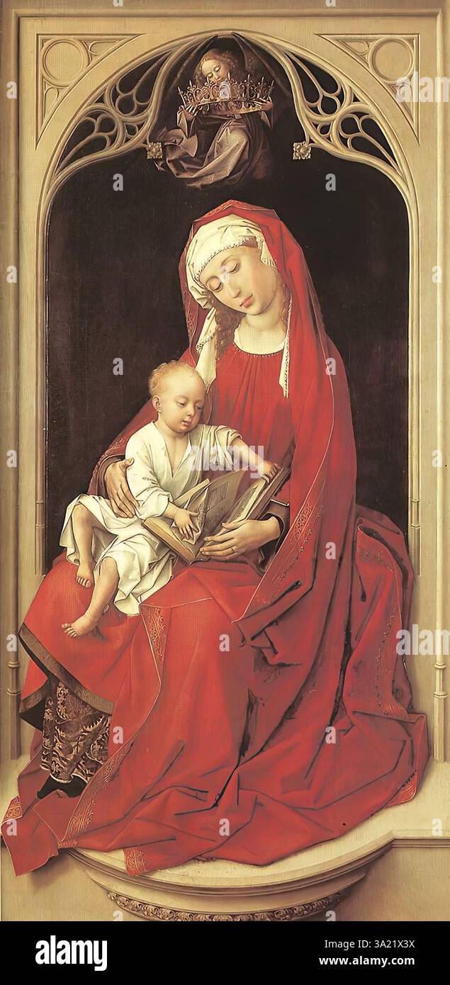 WEYDEN, Rogier van der (B. 1400, Tournai, d. 1464, Bruxelles) Vergine e bambino (Durán Madonna) c. 1440 olio su tavola, 100 x 52 cm Museo del Prado, Madrid ci sono opere della mano di Rogier van der Weyden artisticamente legate alla pala di Miraflores. Nell'imponente Madonna in Rosso - detta anche Madonna Durán, da un ex proprietario - si trova una nicchia architettonica molto simile ai portali della pala d'altare, sempre con un angelo che aleggia con una corona all'apice. Allo stesso tempo, raccoglie idee dalla grande deposizione (Prado, Madrid): Una figura "vivente" della Vergine appea Foto Stock