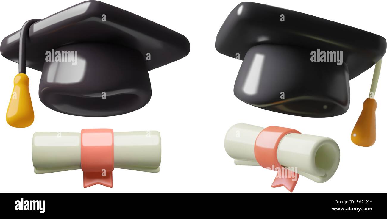 Cappello di laurea e icone di diploma 3D. Set di illustrazioni vettoriali tridimensionali carine con laurea universitaria. Illustrazione Vettoriale