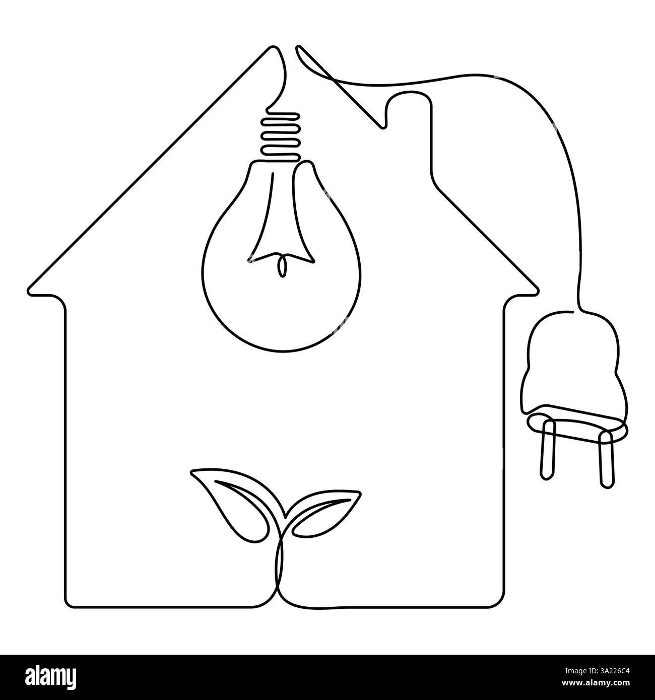 Casa con spina, impianto e lampadina a singola linea continua che disegna il concetto di energia verde Illustrazione Vettoriale