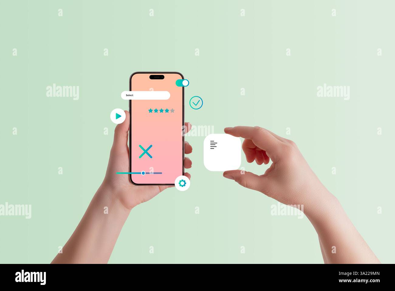 Vista frontale dello smartphone in mano, aggiunta di un elemento della casella di testo all'applicazione mobile, concetto di progettazione dell'interfaccia utente, sviluppo di app e personalizzazione dell'esperienza utente Foto Stock