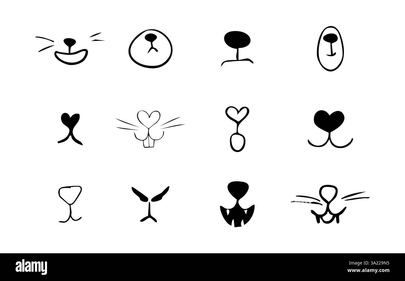 PET Mouth fumetto carino disegnare scarabocchi. Imposta labbra, naso e baffi personaggi degli animali. Divertente naso cardiaco, facce disegnate a mano. Illustrazione vettoriale Illustrazione Vettoriale