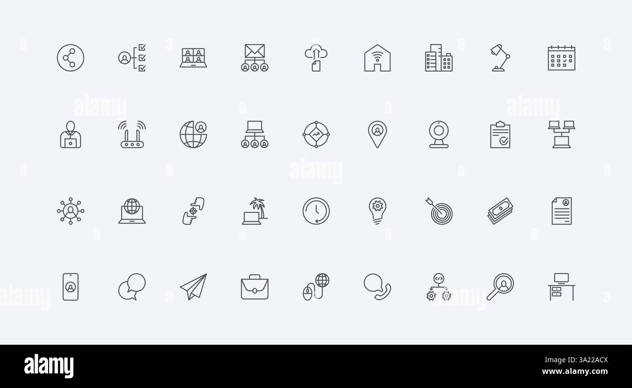 Ambiente di lavoro dei dipendenti, codifica online e algoritmo, illustrazione vettoriale di simboli di contorno neri sottili. Set di icone per linee di comunicazione aziendali, conferenze digitali e lavoro in remoto da casa Illustrazione Vettoriale