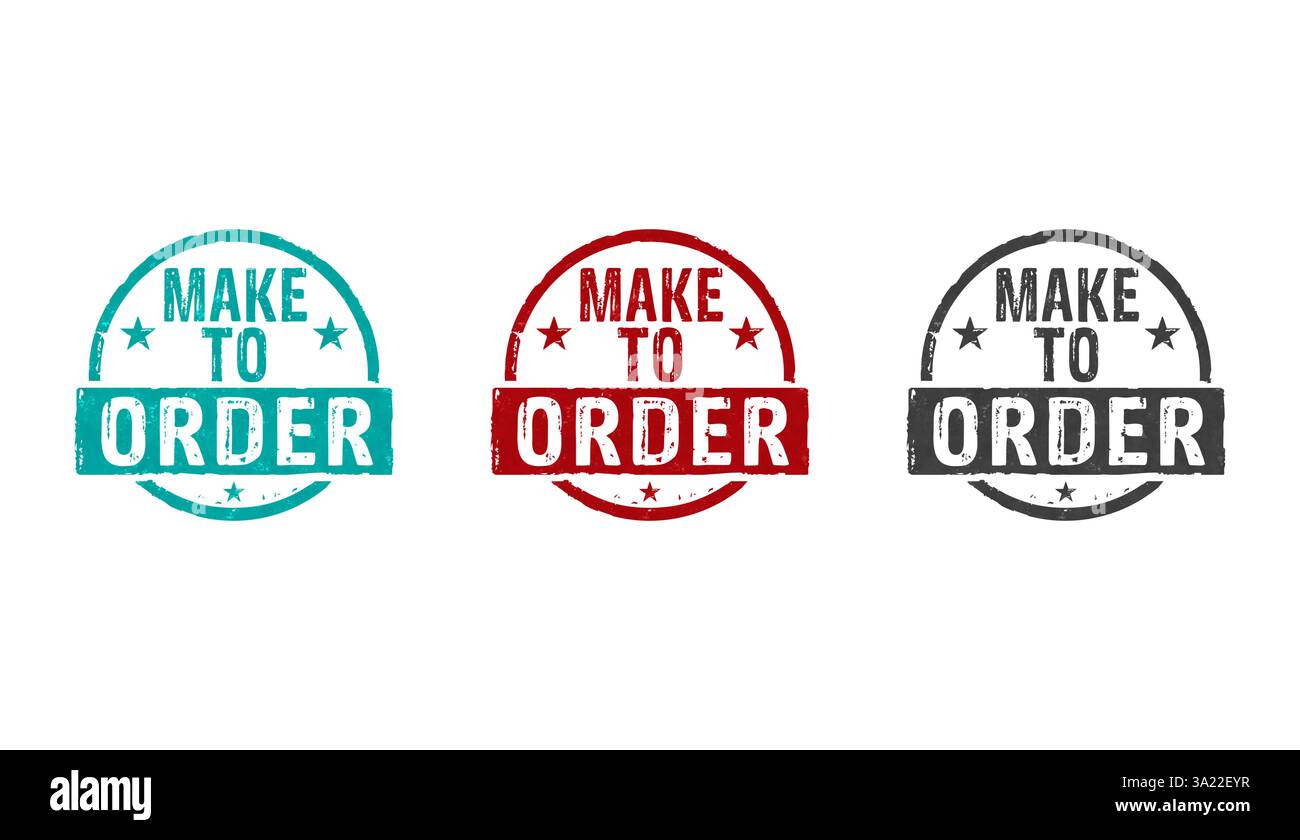 Icone Make To Order e timbri personalizzati in alcune versioni a colori. Illustrazione del rendering 3D del concetto di produzione artigianale artigianale. Foto Stock
