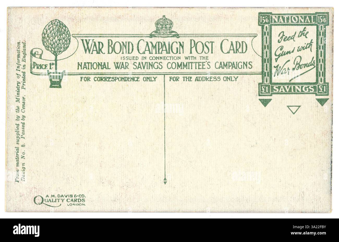 Retro della cartolina dell'era WW1 originale. Si tratta di una cartolina speciale per la campagna dei titoli di guerra, emessa in connessione con le campagne del National War Savings Committee, "Feed the Guns with War Bonds" (alimenta i cannoni con i titoli di guerra) stampata nella scatola dei francobolli. Cartolina stampata a Londra, Regno Unito circa 1917 Foto Stock