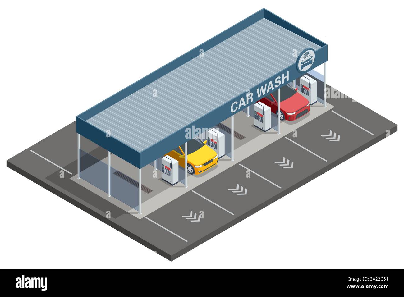 Stazione isometrica di lavaggio auto a mano. Idropulitrice ad alta pressione. Autolavaggio self-service. Illustrazione Vettoriale