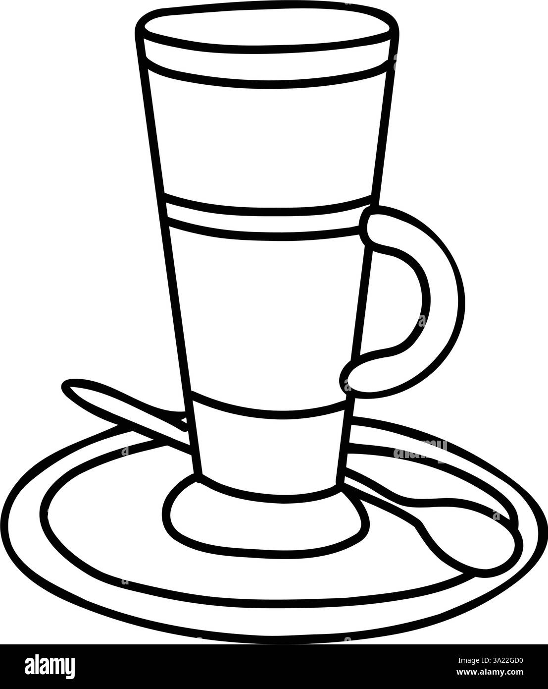 Latte Macchiato. Bicchiere da cocktail con cucchiaio e piattino. Illustrazione vettoriale disegnata a mano isolata su uno sfondo bianco. Bianco e nero Illustrazione Vettoriale Latte Macchiato. Bicchiere da cocktail con cucchiaio e piattino. Illustrazione vettoriale disegnata a mano isolata su uno sfondo bianco. Bianco e nero Illustrazione Vettoriale