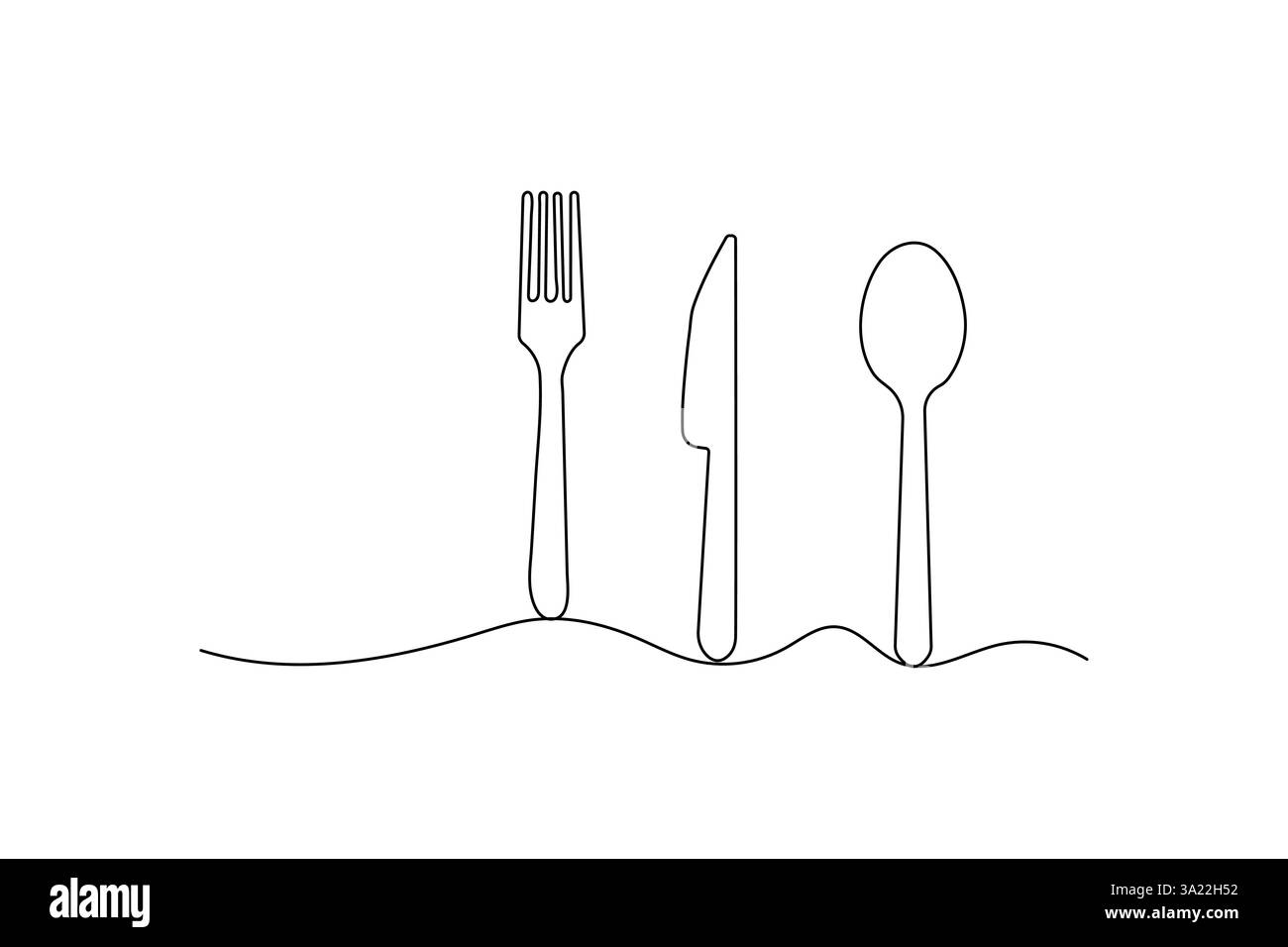 Coltello e forchetta disegno di una linea dell'icona vettoriale minimalista con sfondo bianco e nero Illustrazione Vettoriale