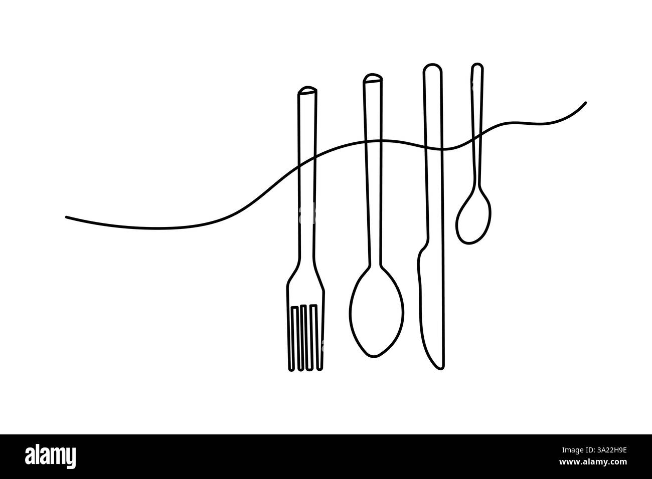 Coltello e forchetta disegno di una linea dell'icona vettoriale minimalista con sfondo bianco e nero Illustrazione Vettoriale