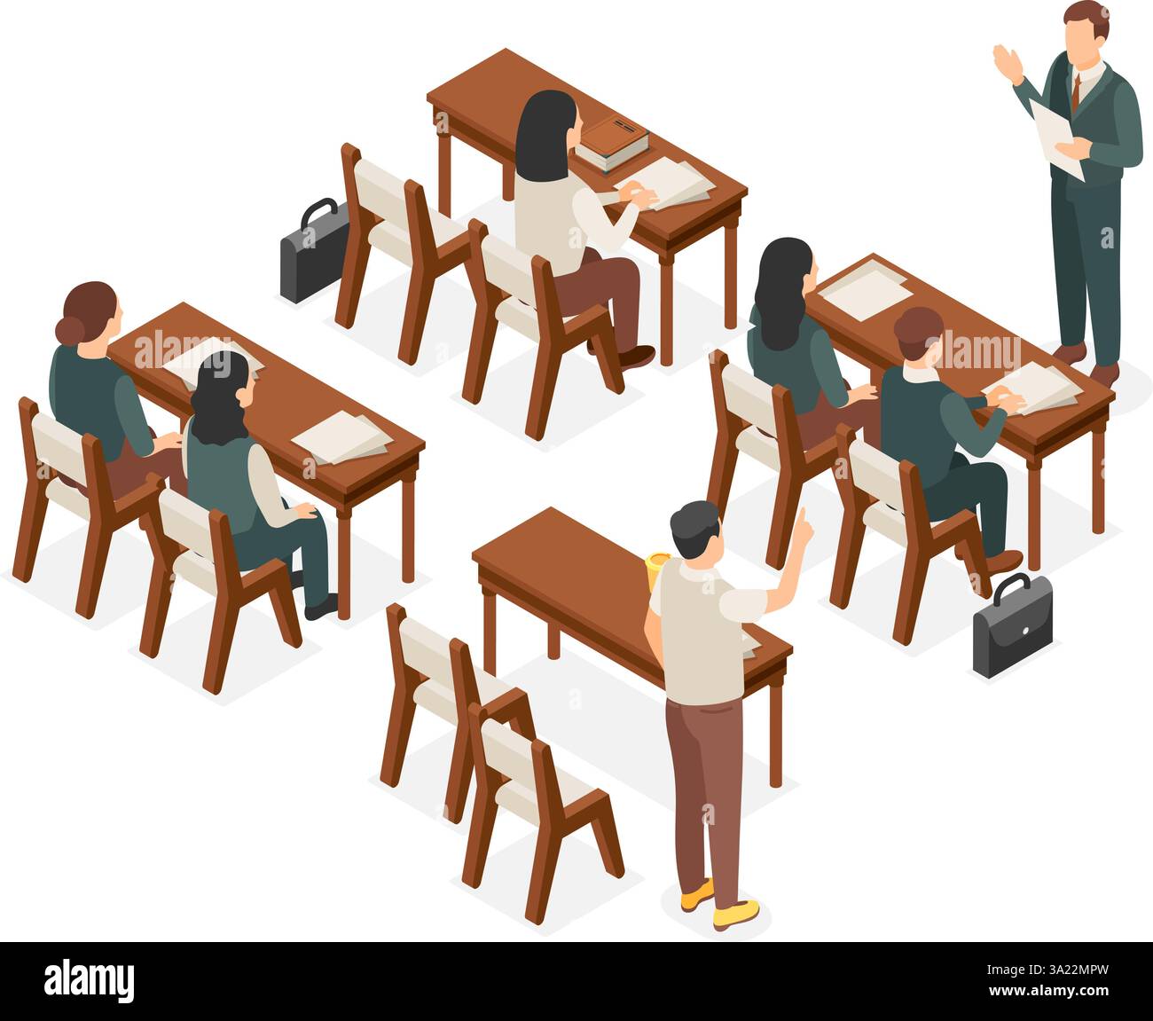 Studenti in lezione. Studente adulto e insegnante, seminario, lezione. Persone sedute alla scrivania con documenti e libri. Formazione aziendale, vettore Illustrazione Vettoriale