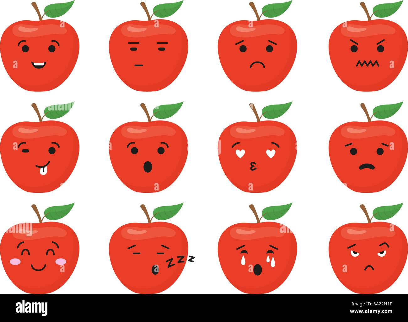 Un bel viso emotivo di Apple. Carattere di frutta con emozioni diverse, mele rosse arrabbiate sorriso triste felice. Adesivi isolati, mascotte per bambini, neoteri Illustrazione Vettoriale
