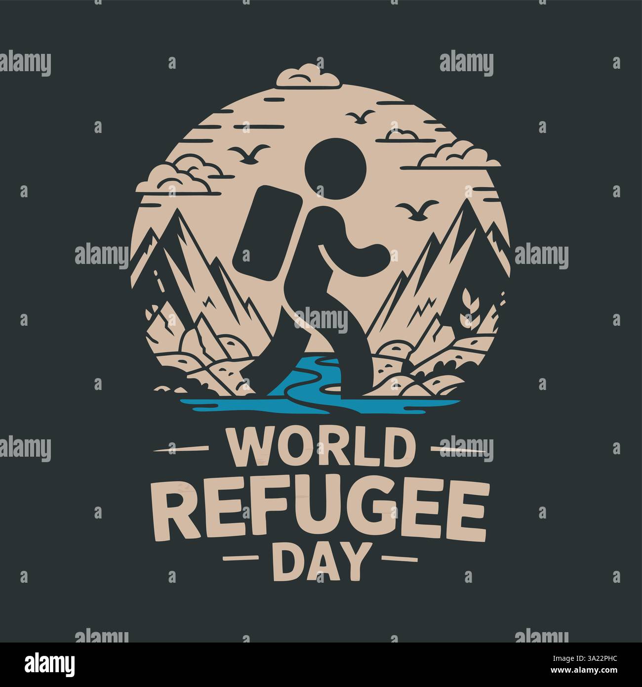Giornata mondiale dei rifugiati, camminate con figure umane stilizzate, montagne, fiume, uccelli che volano, cornice circolare, sfondo beige e scuro Illustrazione Vettoriale