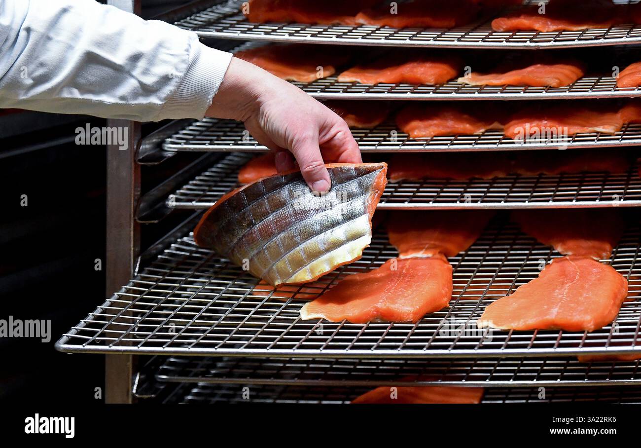 Le Portel (Francia settentrionale): Affumicatoio di Marcel Baey, trota e salmone Foto Stock