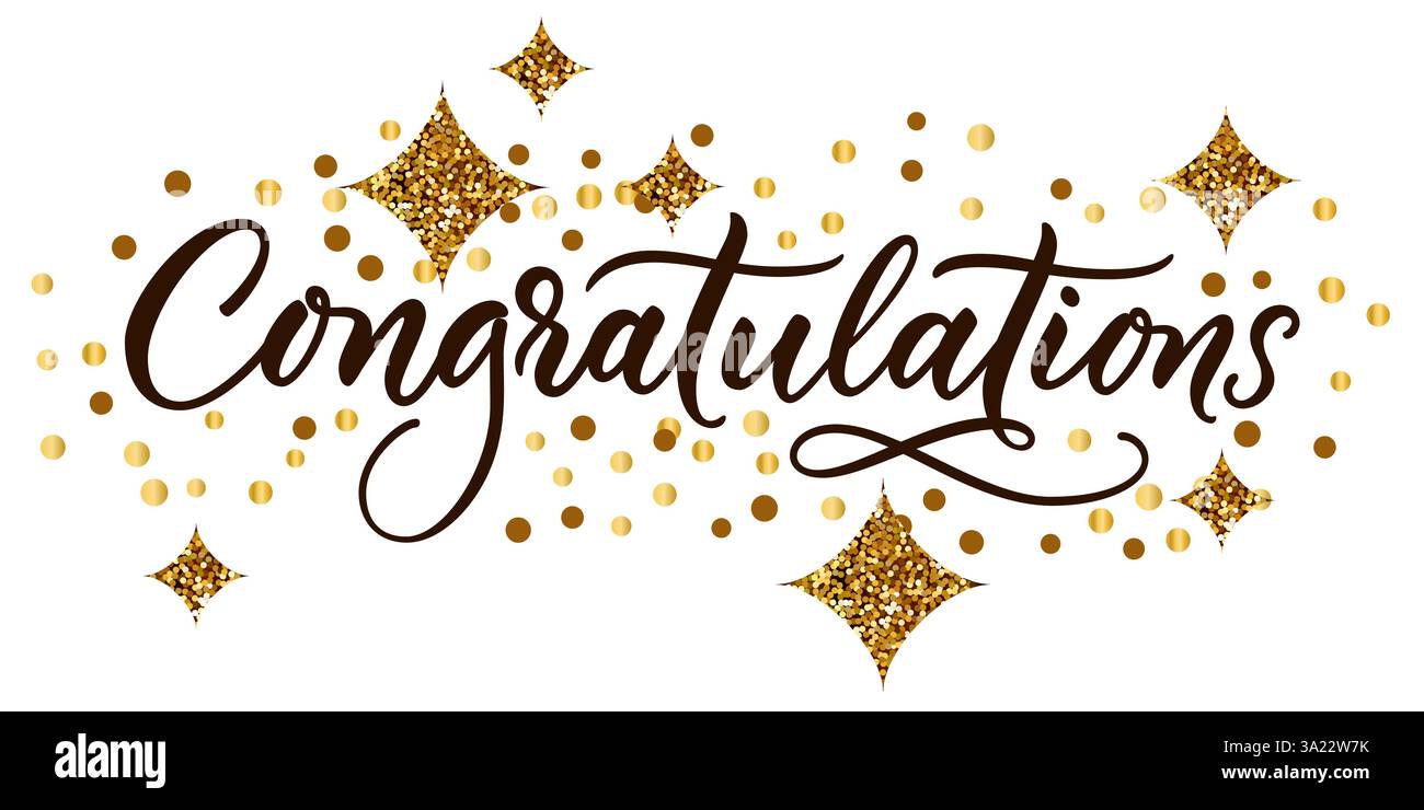 Complimenti per la calligrafia con le stelle d'oro e i coriandoli. Banner, poster, biglietti di auguri natalizi, elemento di design dell'etichetta. Vettore di messaggi scritti a mano Illustrazione Vettoriale