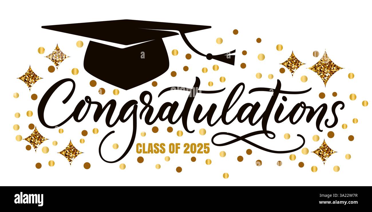 Striscione di graduazione, poster, modello di design per biglietti d'auguri con scritta calligrafica di congratulazioni, cartoncino, stelle dorate e coriandoli. Disegnato a mano m Illustrazione Vettoriale