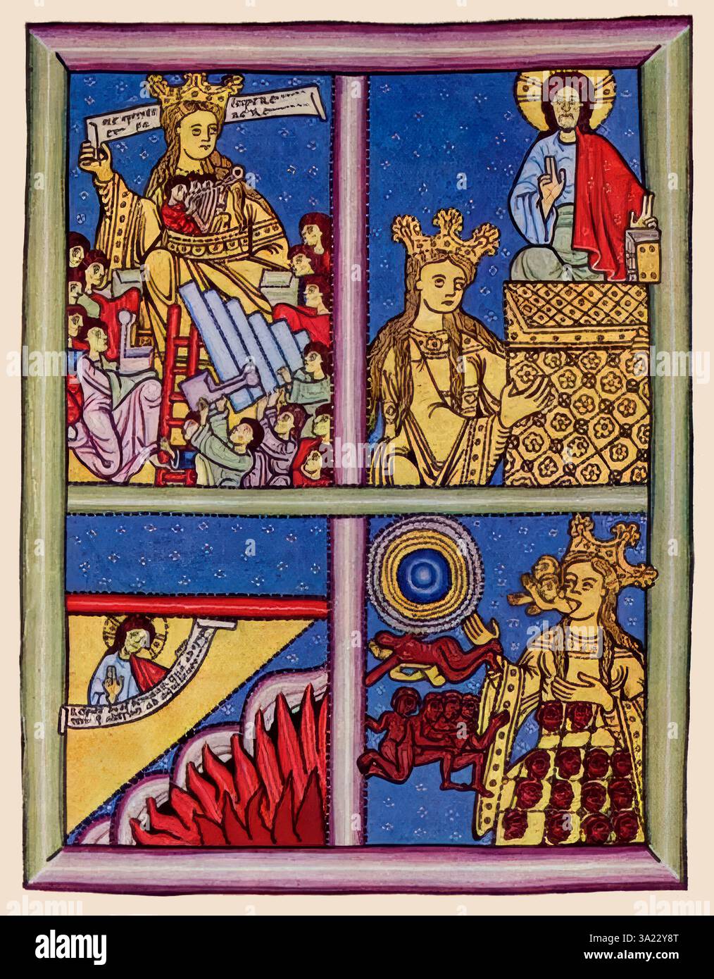 Pagina manoscritta miniata del Liber Scivias, di Ildegarda di Bingen, Sibilla del Reno, 1098 – 1179, badessa benedettina tedesca e polemica, facsimile del 1927, edita digitalmente Foto Stock