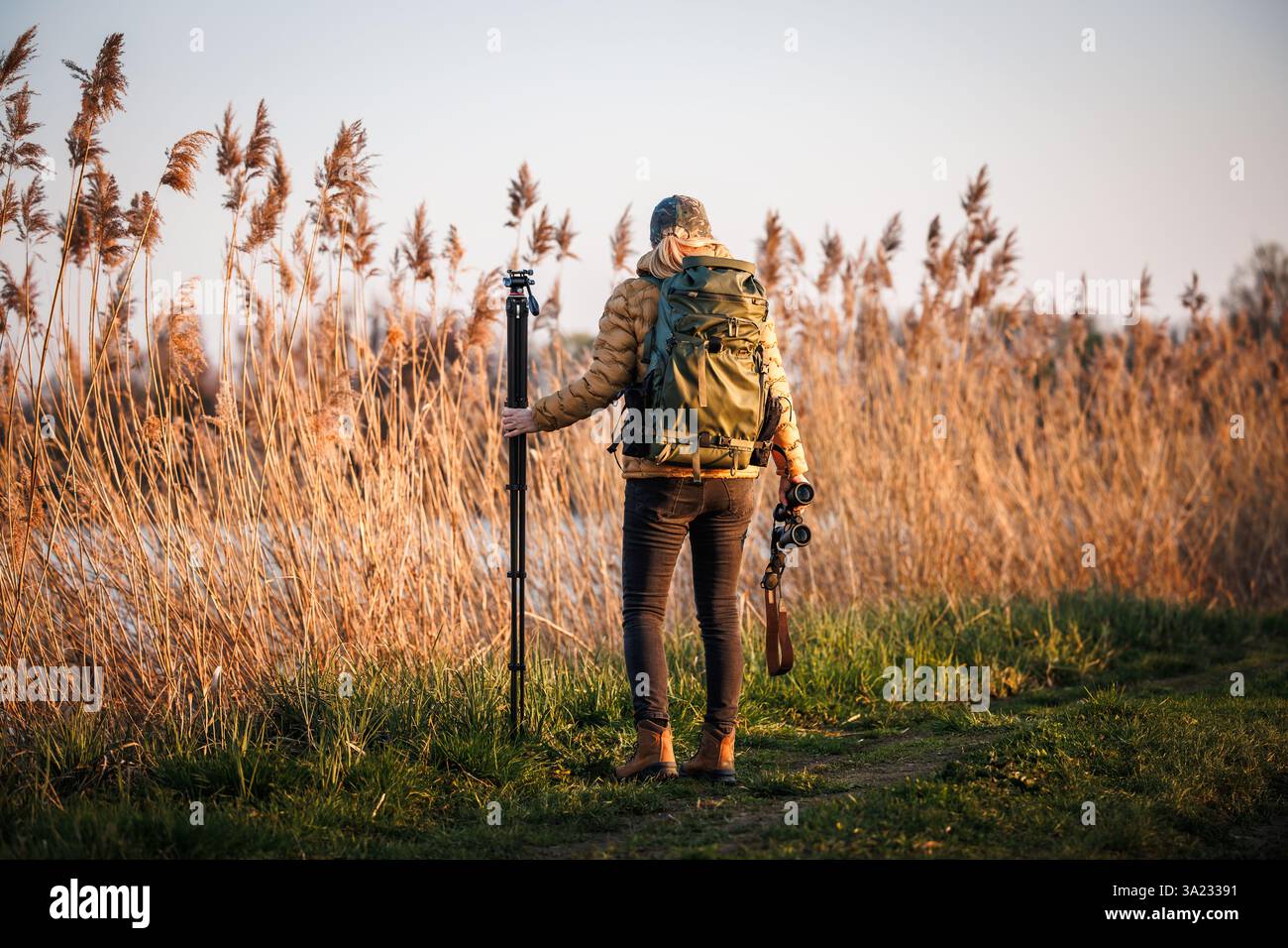 Birdwatching in natura. Donna naturalista è alla ricerca del posto migliore in lago per osservare animali selvatici e uccelli Foto Stock