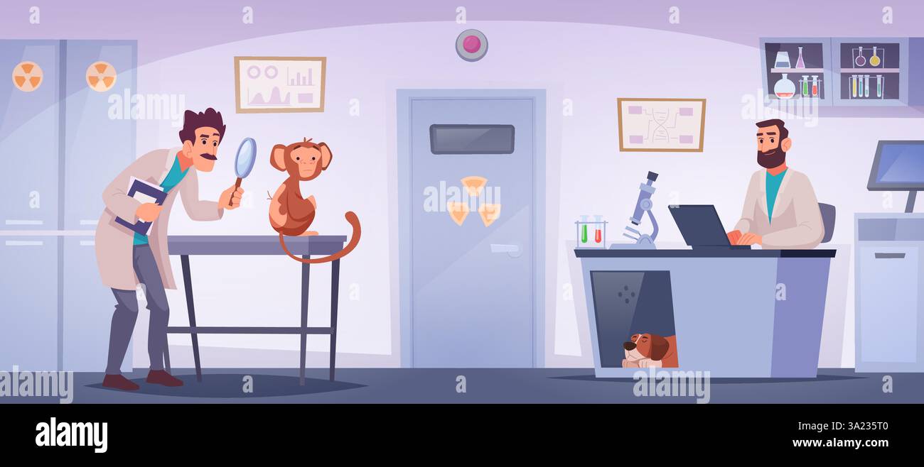 Esperimenti sugli animali. Gli scienziati in background lavorano con medici professionisti intelligenti che realizzano esperimenti con un modello di cartone animato vettoriale esatto Illustrazione Vettoriale