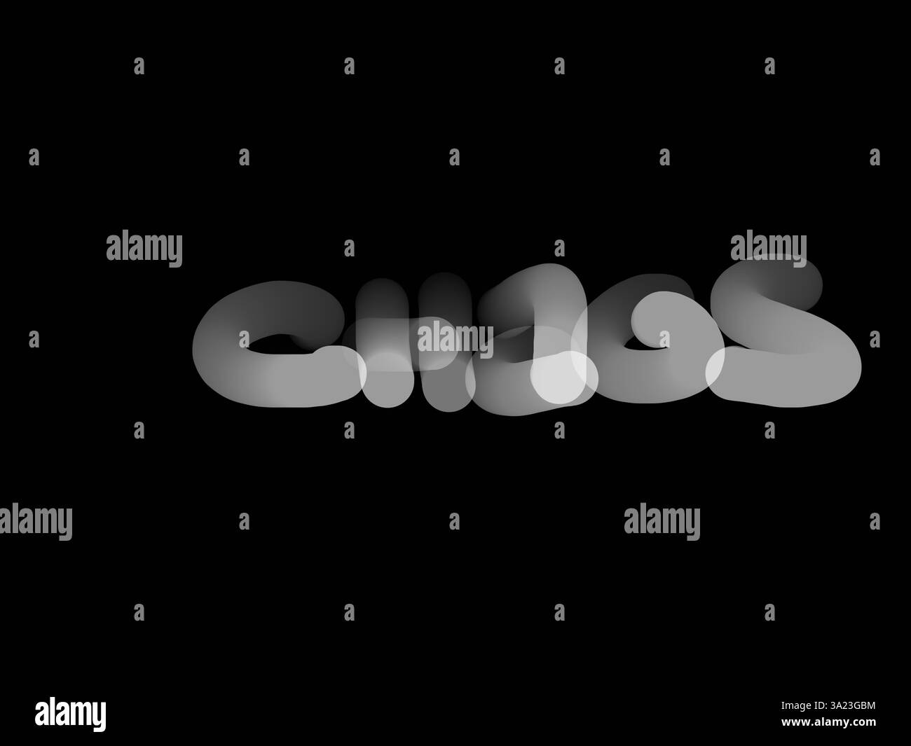 Tipografia astratta espressiva in bianco e nero che spelling 'CHAOS' circondata da audaci tratti di pennello bianchi che simboleggiano disordine, movimento ed energia. Foto Stock