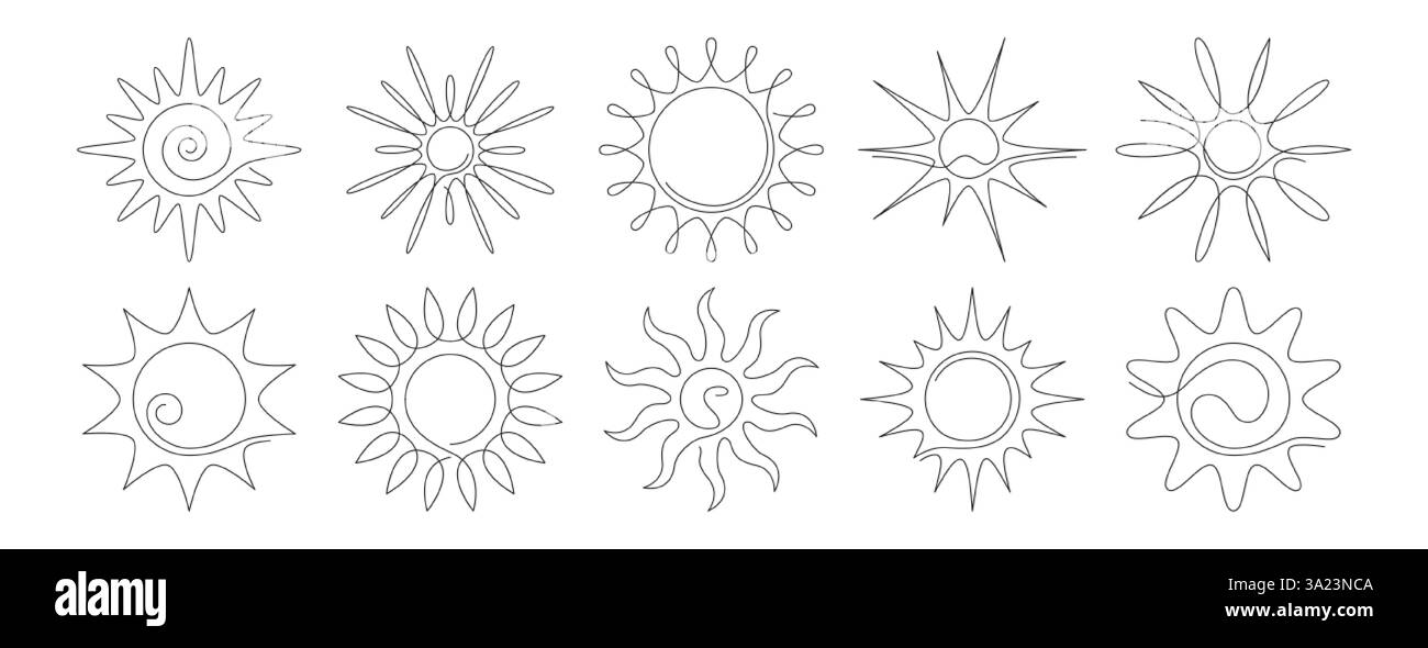 Doodle art Vector Set of Continuous line Sun. Simbolo estivo in stile semplice e lineare. Singole icone sottili del sole, elementi meteorologici del sorgere del sole con travi. Silhouette nera alla luce del sole o logo Sunny Outline Illustrazione Vettoriale