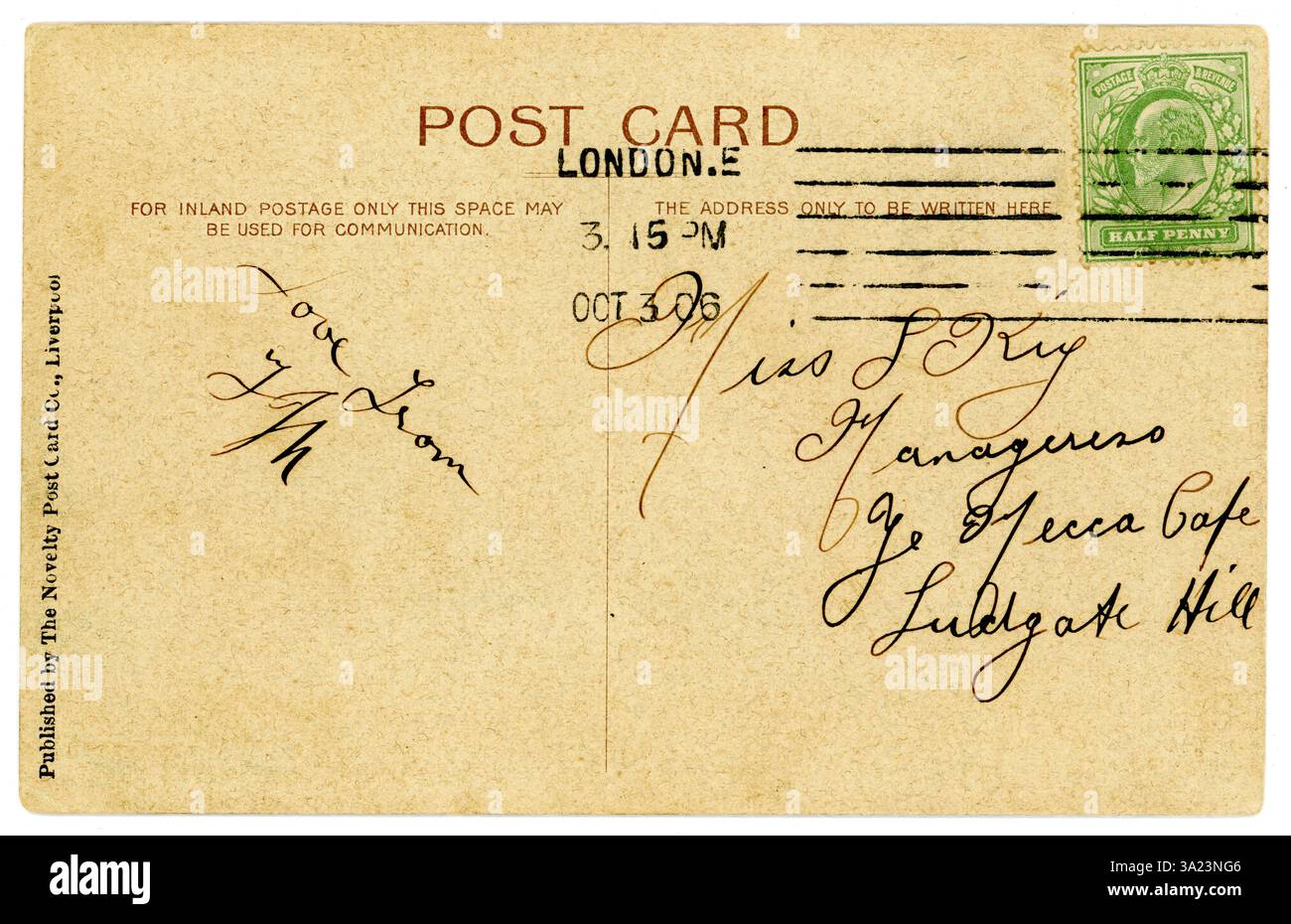Retro della cartolina di saluto dell'epoca edoardiana originale con francobollo di Re Edoardo VII (1901-1910) mezzo penny verde francobollo. Pubblicato il 3 ottobre 1906, Londra, Regno Unito Foto Stock